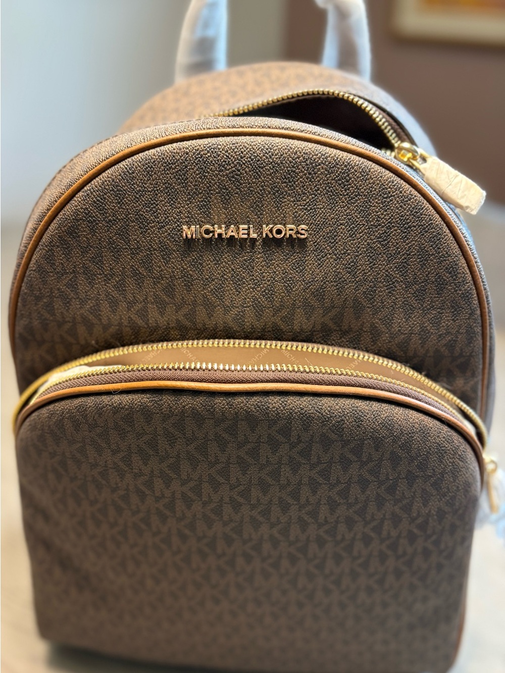 Michael Kors Brown Logo Monogram Backpack with Gold Hardware